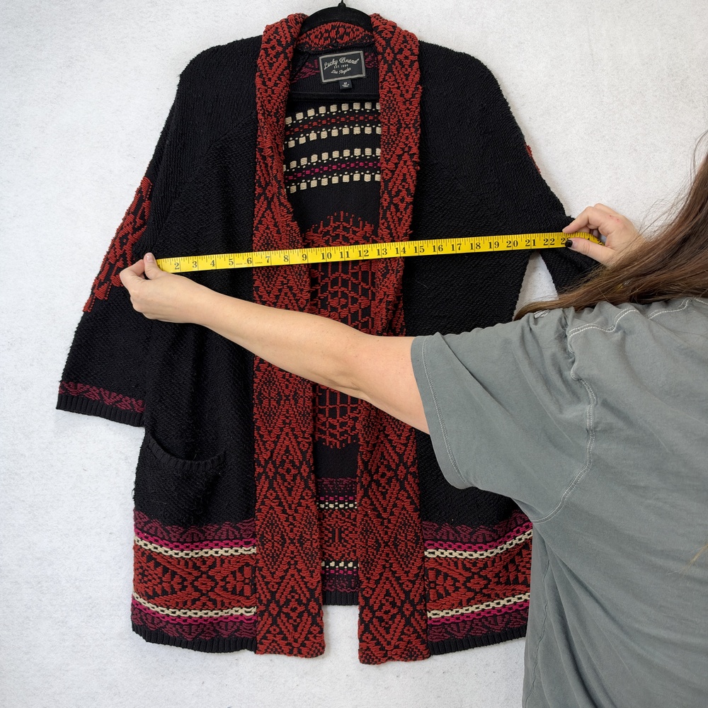 Lucky Brand Cardigan Sweater Womens Medium Black Red Boho Open Knit Pockets - Picture 10 of 12